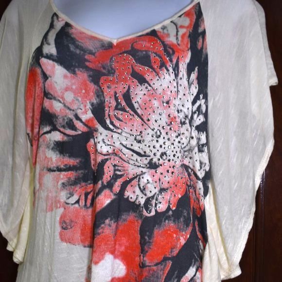 Womens Floral Blouse Size Small Semi Sheer Bat Wing Short Sleeve Shirt - Picture 7 of 16